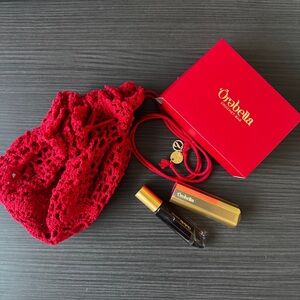 Abella Red Crochet Crossbody Bag travel parfume and case